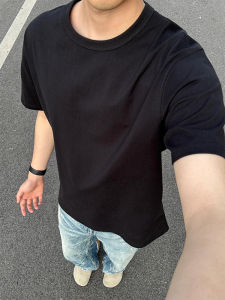 เสื้อยืดแขนสั้นคอตตอนยาวเนื้อเนียนสีดำบริสุทธิ์สำหรับผู้ชาย ทรงหลวม ทรงลำลอง เหมาะกับฤดูร้อน ทรงปกติ