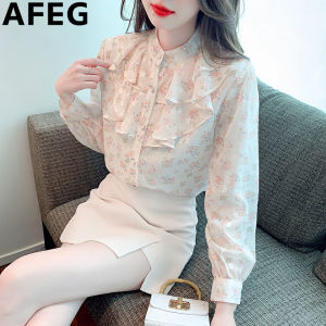 AFEG Korean stand collar ruffled edge fashion loose temperament floral chiffon long sleeve blouse