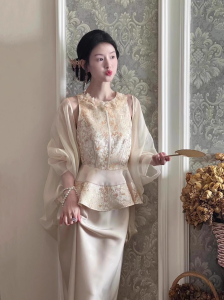 New Chinese Style Wedding Engagement Ceremony Two-Piece Set Womens Morning Robe Drinking Ceremony Formal Occasion Gown