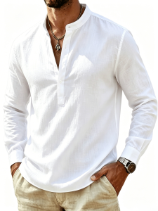 Mens Henley Collar Long Sleeve Shirt lightweight Breathable Casual Linen Style Henley Shirt for Men Daily Beach Wear