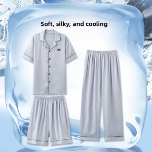 MiiOW | Mens Summer Thin Short Sleeve Ice Silk Sleepwear Set Three Pieces Home Clothes Can Be Worn Outside Comfortable Youth Polyester Fiber