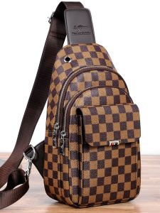 Mens Large Capacity Plaid Pattern Crossbody Bag Single Shoulder Chest Bag Casual Style Business Scene PVC Material Zipper Closure