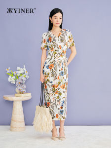 YINER | Elegant Vacation Style Art Print Ruffled Waist V-Neck Summer Dress