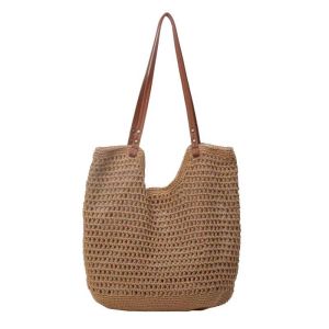 Large Capacity Womens Commuter Tote Bag Hollow out Woven Design Beach Vacation Handbag Soft PU Leather Shoulder Bag