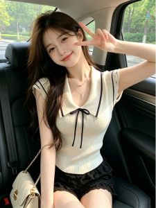 SHUQINGLAI | Color-blocked Polo Neck Knit Shirt Short Sleeve Summer Bow Flounce Sleeves
