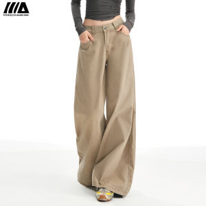 American Khaki Wide Leg Jeans Womens High Waist Loose Slimming Straight Floor-Length Pants Casual Wear All-Match
