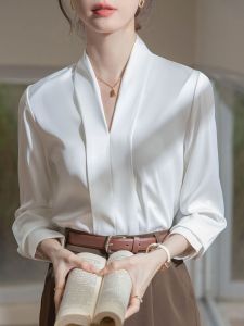 White Professional Shirt Womens Style Commute Interview Suit Set Half Skirt Business Shirt Loose Fit Long Sleeve V-Neck