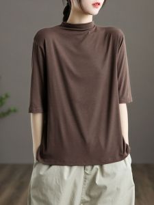 ฤดูร้อน ผู้หญิง Modal ผ้าฝ้าย ศิลปะ Half High ปกเสื้อ เสื้อยืดแขนสั้น หลากหลาย เสื้อชั้นฐาน สีบริสุทธิ์ สลิมฟิต ชุดทํางาน