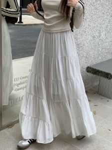 2024 New Korean Style Patchwork Maxi Skirt Elegant Cake Skirt Draped Womens Skirt High Waist A-Line Midi Skirt Pure Color