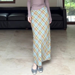 Elegant Plaid High Waist Midi Skirt for Women Stylish Retro Wrap Body Skirt Korean Style Commute Summer Thin Medium Length