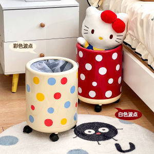 Cute Polka Dot Large Capacity Trash Can Mobile with Wheels Bedside Storage Bucket Dormitory High Aesthetic Value Ins Style