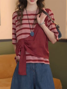 Shalldoer | Summer New Womens Loose Fit Short Sleeve T-Shirt Striped Patchwork Beautiful Casual Style Round Neck Regular Length Top