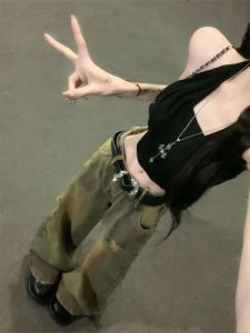 กางเกงยีนส์ทรงหลวมเอวสูงสไตล์ย้อนยุคสไตล์อเมริกันสำหรับผู้หญิง กางเกงขายาวทรงตรงขาดๆ สำหรับฤดูร้อน