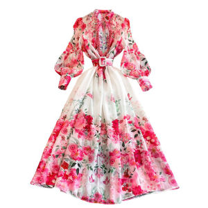 Elegant Floral Print Long Lantern Sleeve Womens Dress Slim Fit French Style Spring New Arrival High Waist Commute Style A-Line Skirt