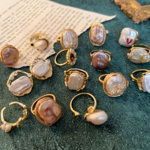 Baroque Irregular Freshwater Pearl Open Ring French Vintage High-End Feeling Finger Ring Luxury Ring Hand Accessory
