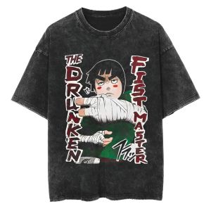 Bandai | Naruto Rock Lee T Shirt Drunken Fist Vintage Acid Wash Streetwear Retro Anime Graphic 100 % Cotton Men Tees Clothing
