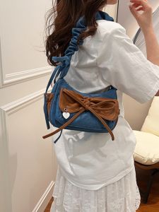 Summer Denim Butterfly Knot Underarm Bag Womens New 2024 Fashion Sensation Single Shoulder Crossbody Bag Korean Style Casual Bucket Shape Soft