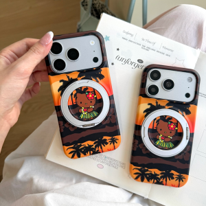 Sanrio | Luxury Black Skin Sanrio Hello Kitty Magnetic Stand Phone Case For iphone 17 16 Pro 15 17 Pro Max Cute Cartoon Shockproof Cover