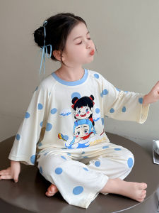 Girls Summer Sleepwear Thin Modal Home Clothes Set Baby Air Conditioning Suit Two-Piece Set Childrens Cartoon Long Sleeve round Neck