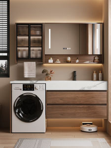 MAKEMINGTUO | Custom Walnut Aluminum Honeycomb Bathroom Washing Machine Cabinet Washstand Basin Cabinet Set