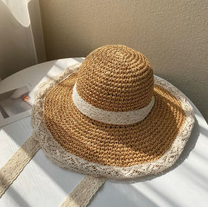 Womens Summer Beach Sun Hat Straw Woven Wide Brim Hat Lace Trim Tied on Casual Style Sun Protection Hat for Outings