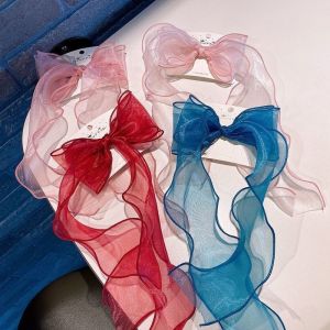 Large Solid Color Chiffon Ribbon Bow Hair Clip Kids Female Bowknot Braided Hair Ponytail Hairpin Small Fresh Fairy Temperament Fashion Elegant Versatile Duckbill Clip Hair Accessories