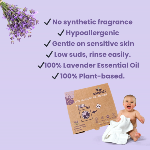 Naturali Baby Laundry Detergent Sheets 36 Loads Plant-based Hypoallergenic Low Suds Antibacterial No synthetic fragrance Travel pack Pure Lavender Essential Oil