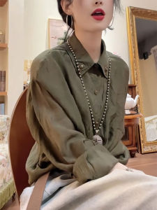 QINGNAER | European Style Retro Textured Satin Polo Collar Long Sleeve Shirt