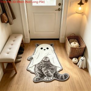 VIKAMA Halloween Ghost Cat Rug Cute Irregular Doormat Washable Non Slip Bedroom Bathroom Floor Mat Home Decor