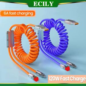 Ecily 2in1 6A 120W loại USB C Cáp lò xo để sạc nhanh cho USB A để Loại-C 8-pin Cáp Micro USB cho i-Phone 14 13 12 Pro Max Huawei Samsung Xiaomi od6.0 Cáp dữ liệu