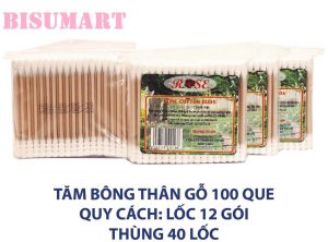 Tăm bông Bông ráy tai thân lõi gỗ Rose Bịch100 Que