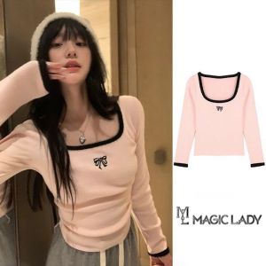 Blouses for Women Korean Style 2024 Contrast Color Crop Tops Long Sleeve U-Neck Sweet T-shirt Streetwear