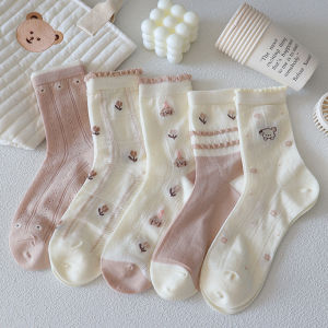 ถุงเท้าผู้หญิงทรงบางฤดูร้อน ถุงเท้ากลางน่องลายดอกไม้ ถุงเท้ายาว ถุงเท้าผ้าฝ้ายผสมระบายอากาศได้ดี ดูดซับเหงื่อ ใช้ในบ้าน