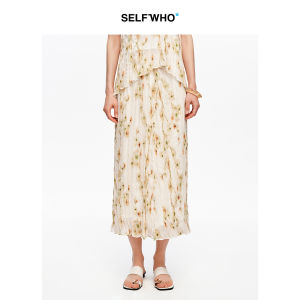 New Chinese Style Full Peony Print A-Line Pleated Skirt