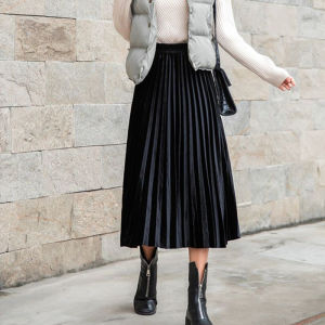 Gold Velvet Pleated Skirt Medium Length High Waist