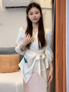 Slim Fit French Style Waist-Cut Shirt Womens Early Autumn New Fashionable Belted Long Sleeve V-Neck Waist-Inning Blouse