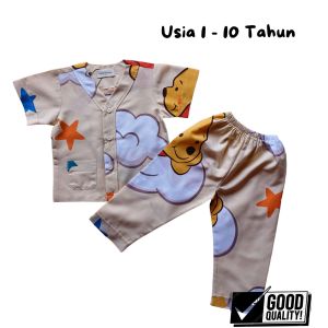 Aghni Boutique Piyama Anak Motif The Pooh Bahan Katun Adem Tanpa Kerah