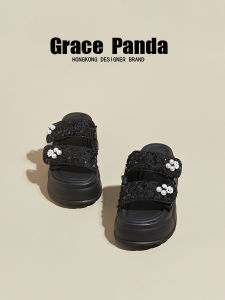 Grace Panda Soft Bottom Thick Heel Slippers Womens Summer Casual Slip-On Shoes Comfortable Wearing Outdoor High-End Feeling