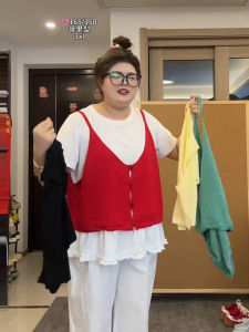 Áo Ba Lỗ Dệt Kim Cỡ Lớn Phong Cách Hàn Quốc Cho Nữ Mùa Hè Áo Ngắn Tay Xếp Ly Ren Cổ Tròn Tay Ngắn Áo Hai Mảnh