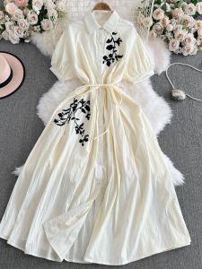 Elegant Summer Retro Chinese Style Single Button Embroidered Floral Waist Cinching Short Sleeve Dress Womens Mid-Length A-Line Skirt