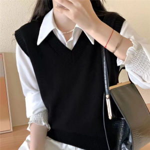 V-neck Solid Color Knitted Pullover Vest for Womens New Versatile Fashion Loose Trend Top