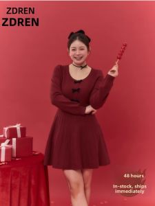 ZHANGDAREN | Đầm Len Đỏ Dài Elegantly Slimming Plus Size