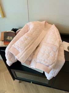 Áo Khoác Cotton Màu Hồng Ô Vuông Cổ Đứng Khóa Kéo Dáng Rộng Ấm Áp Mùa Đông Phong Cách Hàn Quốc Thường Ngày Cho Nữ