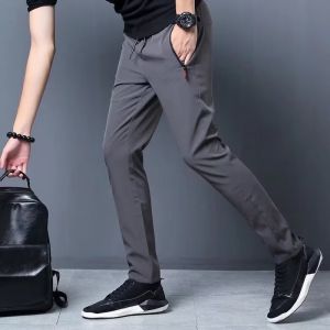 Ice Silk Pants Mens Summer Thin Business Versatile Slim Solid Color Straight Elastic Sports Quick-drying Casual Pants Trousers
