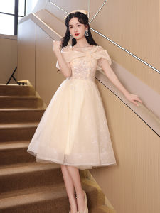 Champagne Color Evening Gown 2025 New Summer High-End Feeling Birthday Hostess Small Size Formal Dress Sweet Style mid Waist