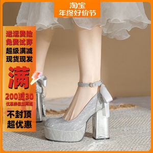 รองเท้าส้นสูงสีเงินเพิ่มความสูง12ซม. สำหรับคนตัวเล็กรองเท้าแต่งงานแมรี่เจนสไตล์ฝรั่งเศสส้นหนารองเท้าชั้นเดียวสไตล์ฝรั่งเศสมีแพลตฟอร์มกันน้ำพื้นหนา