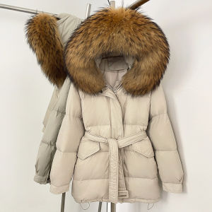 Áo Khoác Phao Nữ Màu Trắng Lông Vũ Vịt Thật Mũ Lông Cáo Thật Dày Phong Cách Đường Phố Chất Liệu Nylon Mềm Mại Thích Hợp Cho Mùa Thu Đông