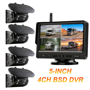 5" Wireless Car Monitor 4CH DVR AI BSD Blind Spot Detection Alarm Solar Backup Camera Magnetic Battery Powered for RV Truck Van