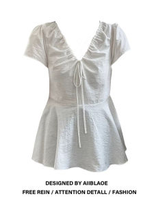 เสื้อเชิ้ตคอวีพับแขนสั้นไซส์ใหญ่สำหรับผู้หญิงไซส์ใหญ่สไตล์เกาหลีหวานๆ สำหรับฤดูร้อน ทรงเข้ารูป คอกลม แขนสั้น