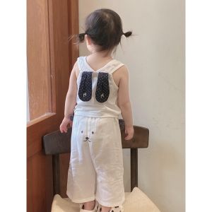 Cute Rabbit Ear Casual Summer Outfit for Girls Lightweight Kids Ensemble Trendy Vest And Pants Set for Little Girls